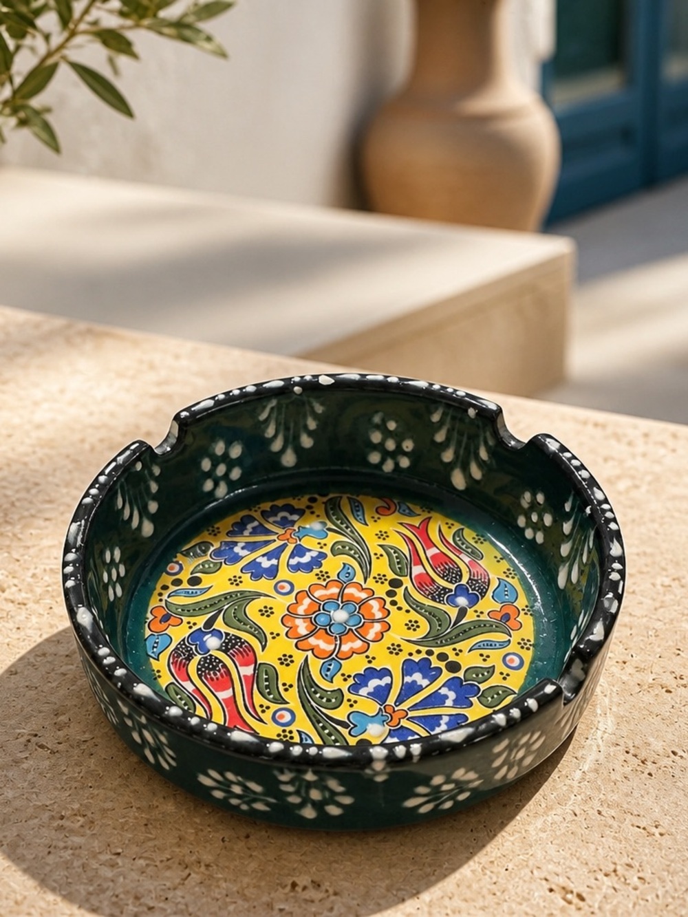 NWOT Hand Painted Turkish Ceramic Ashtray Green Yellow Floral Pattern